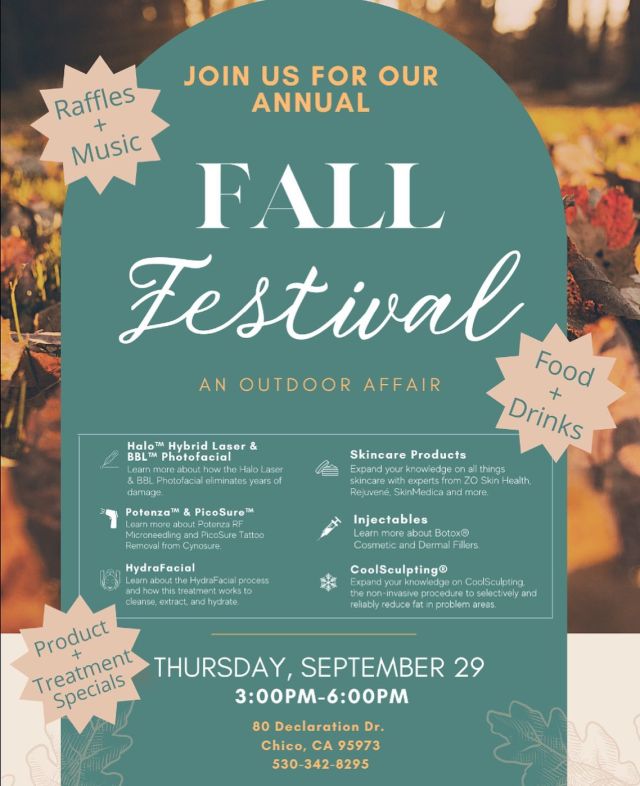 Mark your calendars!! 

Join us THURSDAY, SEPTEMBER 29th for our Annual Fall Festival 🍁🍂🧡 

Stop by and ENJOY an evening outside — 
🧡 Learn about skincare products & services 
🎵Music by @maxminardimusic 
🥂Drinks on us by our local Tapwagon
🌮 Delicious food trucks 
🍰 Dessert by Roots Catering 
📸 Take all the cute pictures by the photo bus 
🎟  Raffles & specials 

We will be offering product and treatment specials this day — more details to come, so keep an eye out! 

You don’t want to miss it, so grab a friend and enjoy an evening of fun with us 😍 

Tag a friend in the comments who you are bringing 👇🏼👇🏼👇🏼 

RSVP — by tapping the link in our bio! 

Looking forward to seeing all your beautiful faces there! 🥰