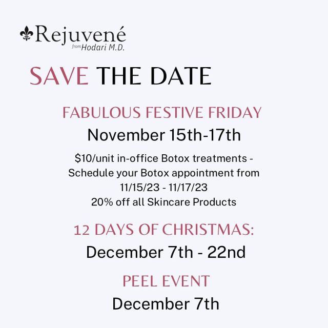 SAVE THE DATE & HOLIDAY HOURS ✨🦃🎄🎉

🔔 It is time to book your treatments to make sure you are glowing this holiday season! 

#loveyourskin #holidayseason